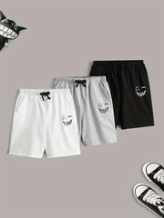 3pcs Smiling Print Boys Quick Drying Shorts for Summer Outdoor