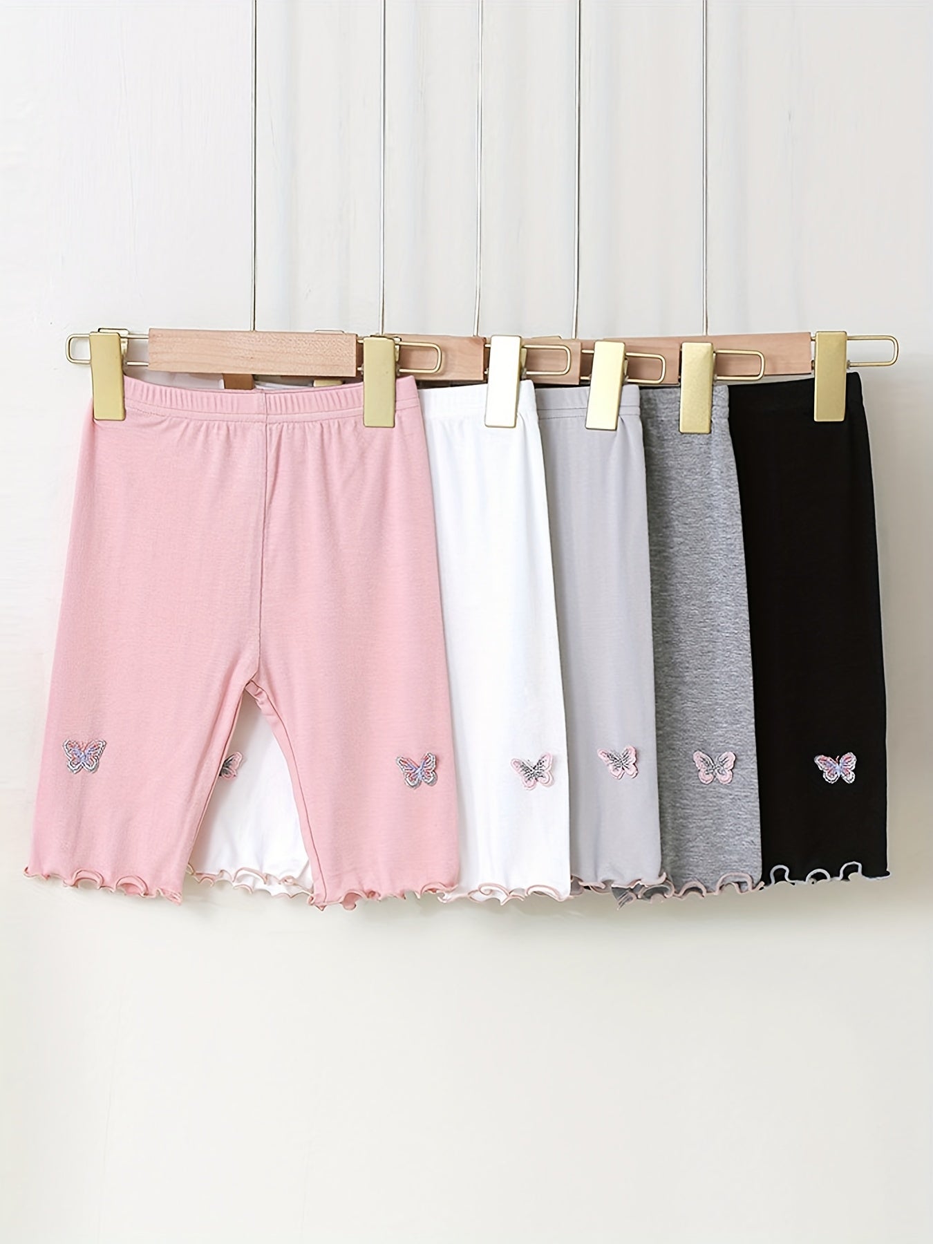 5pcs Girls' Frilled Edge Bike Shorts with Butterfly Graphics