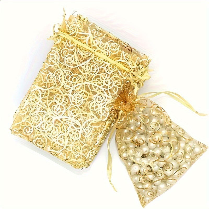100pcs Golden Organza Bags Drawstring Printed Jewelry Gift Bags