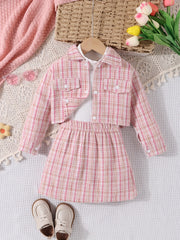 Girl's Tweed 3pc Outfit Button Front Jacket, Top, Skirt Set