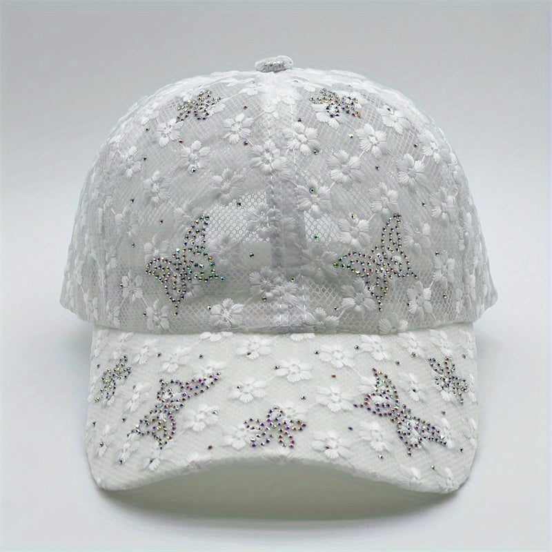 Rhinestone Butterfly Baseball Cap Lace Hollow Out Breathable Dad Hats