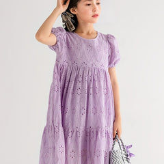 Girl's Cotton Princess Dress Puff Sleeve Crew Neck Summer Clothing