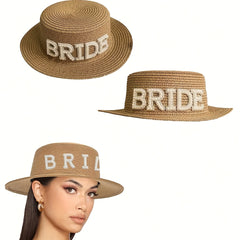 Beige Brown Bride Straw Hat and Heart-Shaped Frame Glasses Set