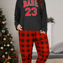 Red Letter Print Tee & Plaid Pants Pajamas Set