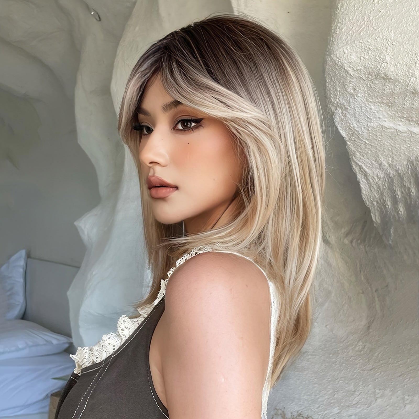 Natural Ombre Bob Wig 18 inch Layered Blonde Straight Hair