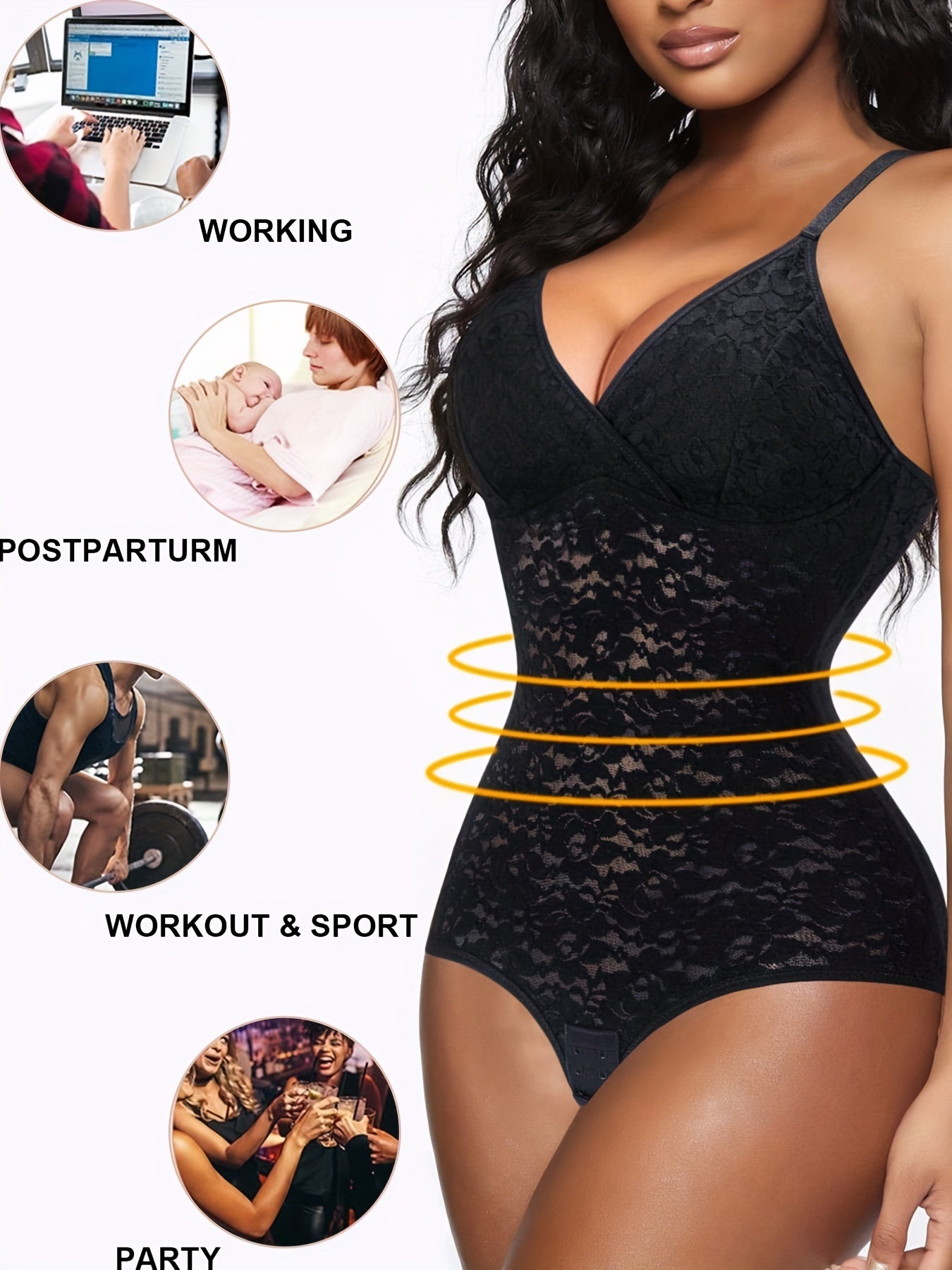 Lace Stitching Shaping Bodysuit V Neck Tummy Control Slimmer Slip