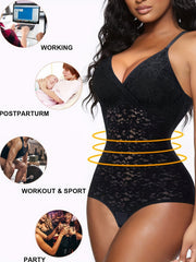 Lace Stitching Shaping Bodysuit V Neck Tummy Control Slimmer Slip