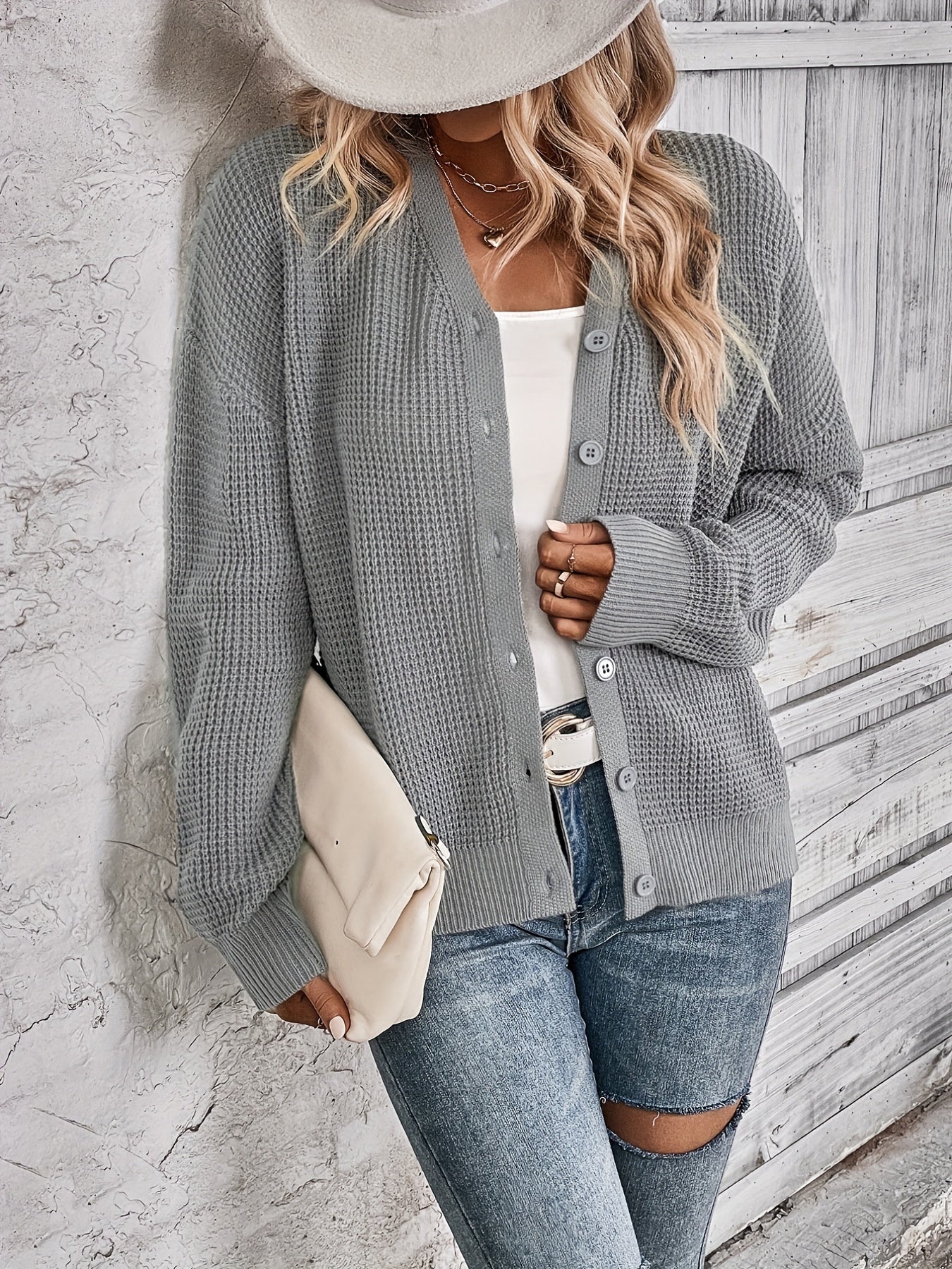 Button Front Knit Cardigan Waffle V Neck Sweater