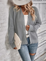 Button Front Knit Cardigan Waffle V Neck Sweater