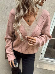 Colorblock Pointelle Long Sleeve V Neck Sweater