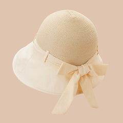 Stylish Stitching Bucket Hat Bow Strap Fisherman Cap Sun Hat
