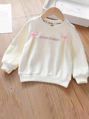 Girls Bow Monogram Embroidery Graphic Sweatshirt Long Sleeve Pullover
