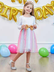 Girls' Mermaid Print Cotton Long Sleeve Tutu Dress Birthday Party Mesh Dress