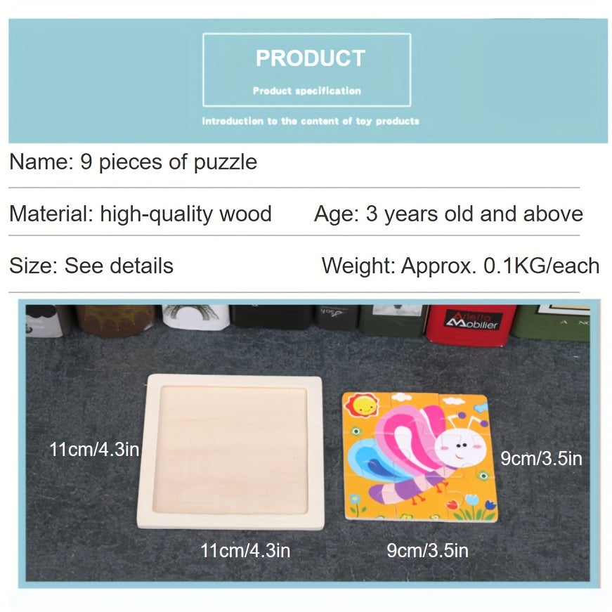 Wooden 9-Piece Puzzle Set: Animals, Insects, Marine Life, Vehicles