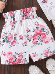 Girls Boho Floral Paper Bag Waist Casual Shorts