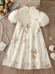 Toddler Girls Puff Sleeve Frill Trim Cheongsam