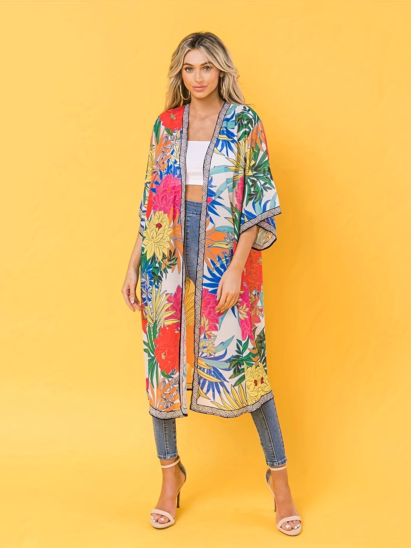 Boho Kimono Floral Print Half Sleeve Beach Cover Up