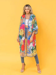 Boho Kimono Floral Print Half Sleeve Beach Cover Up