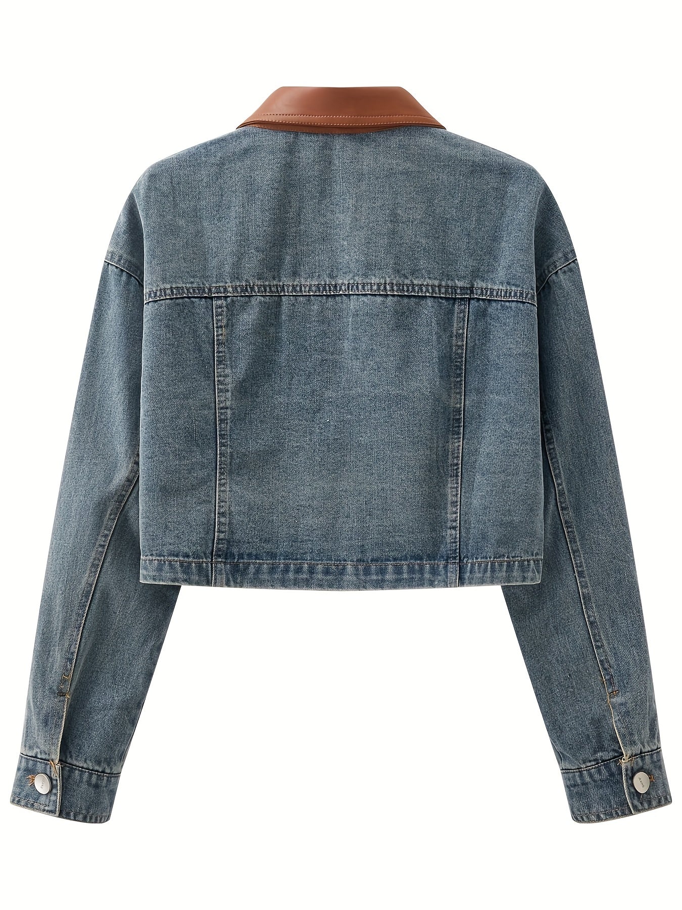 Vintage Denim Crop Jacket Leather Lapel Long Sleeves Front Button Coat