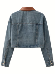Vintage Denim Crop Jacket Leather Lapel Long Sleeves Front Button Coat