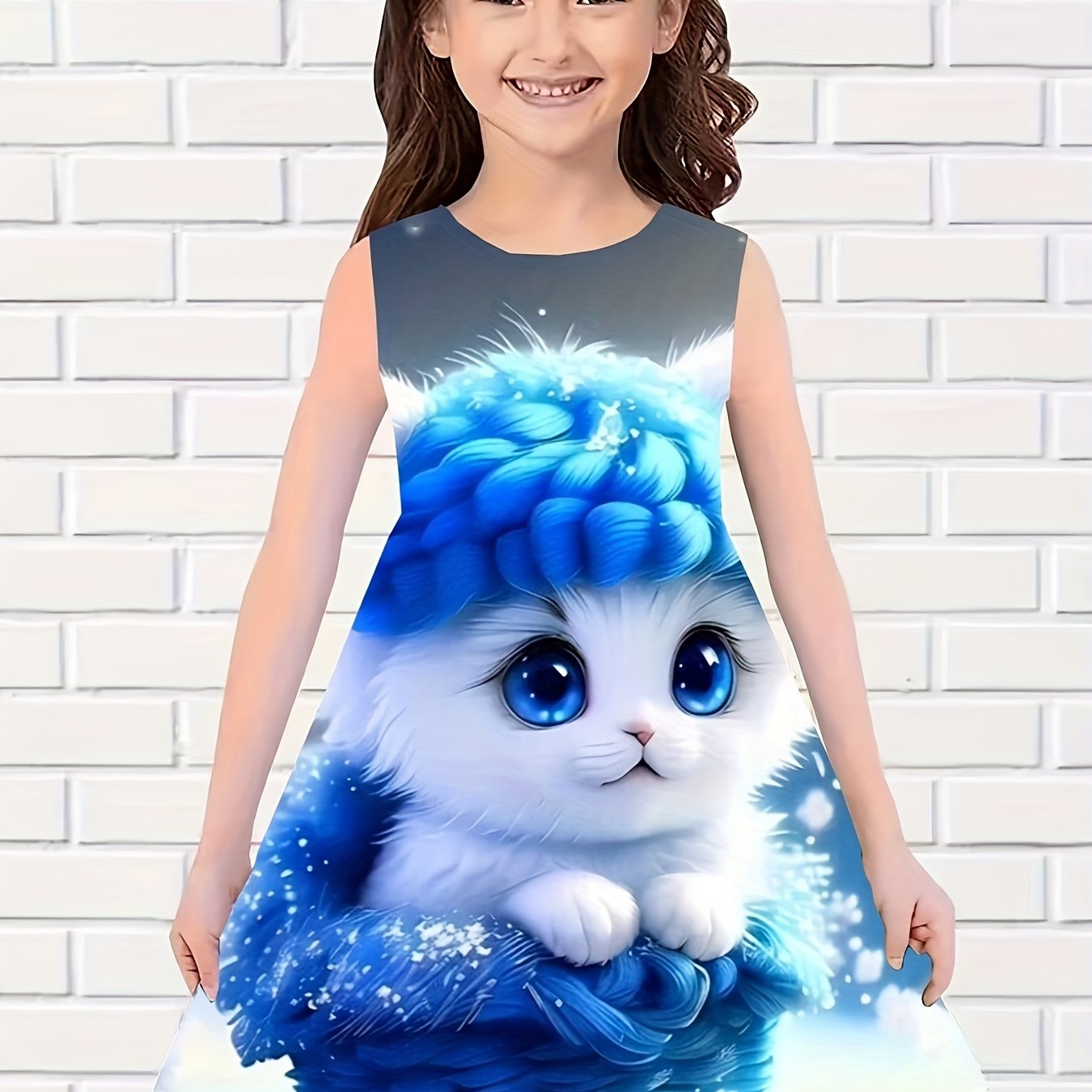 Cartoon Cat Sleeveless Dress for Girls - Summer Outdoor Wear