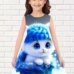 Cartoon Cat Sleeveless Dress for Girls - Summer Outdoor Wear