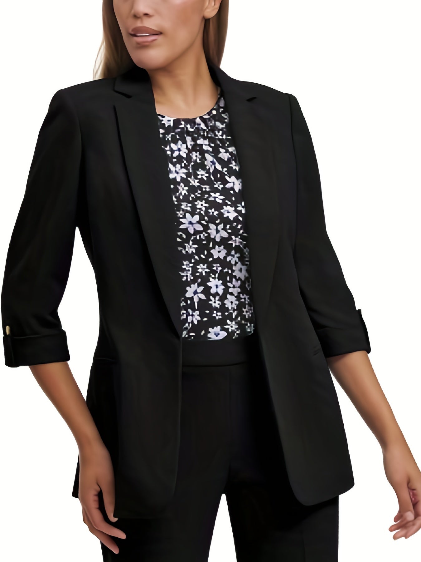 Solid Open Front Blazer Lapel 3 4 Sleeve Blazer For Office & Work