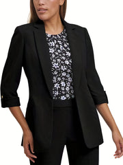 Solid Open Front Blazer Lapel 3 4 Sleeve Blazer For Office & Work