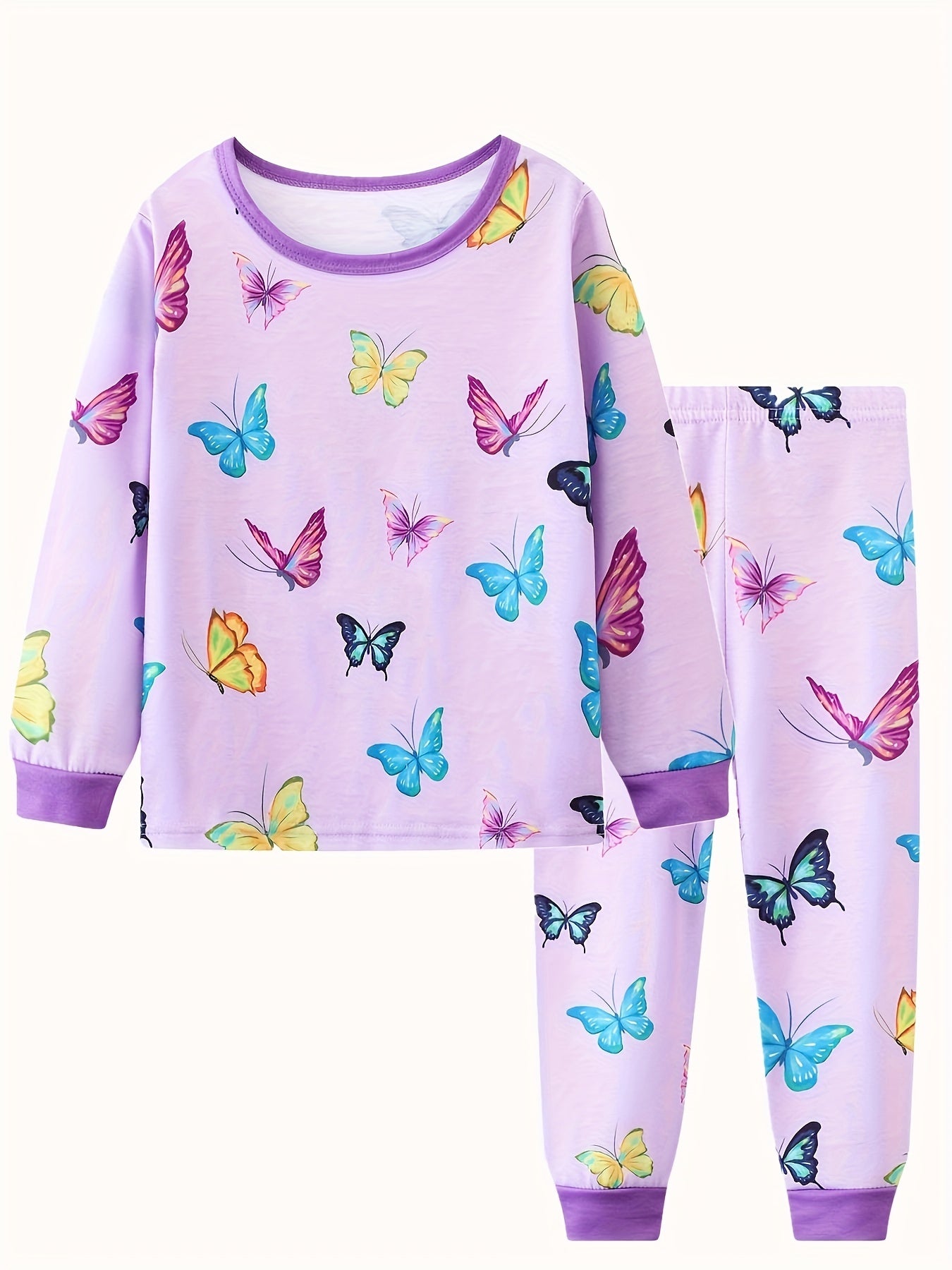 Girls Butterfly Print Pajamas Set Long Sleeve Top & Pants