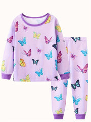 Girls Butterfly Print Pajamas Set Long Sleeve Top & Pants