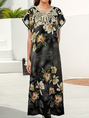 Floral Print Embroidered Bat Sleeve V Neck Maxi Jalabiya Dress