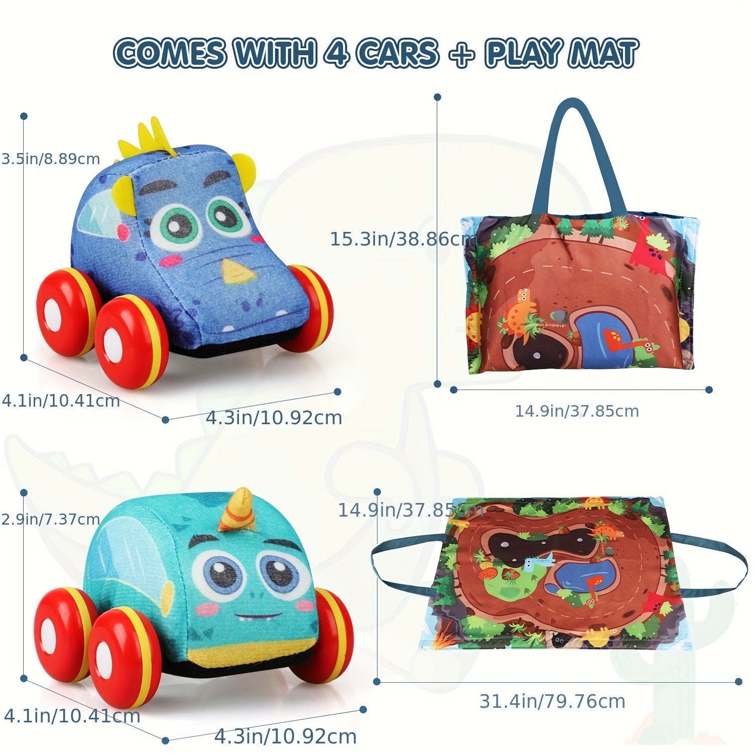 Dino Pull Back Cars for Toddlers 18-36 Months - Plush Toy Cars for Baby