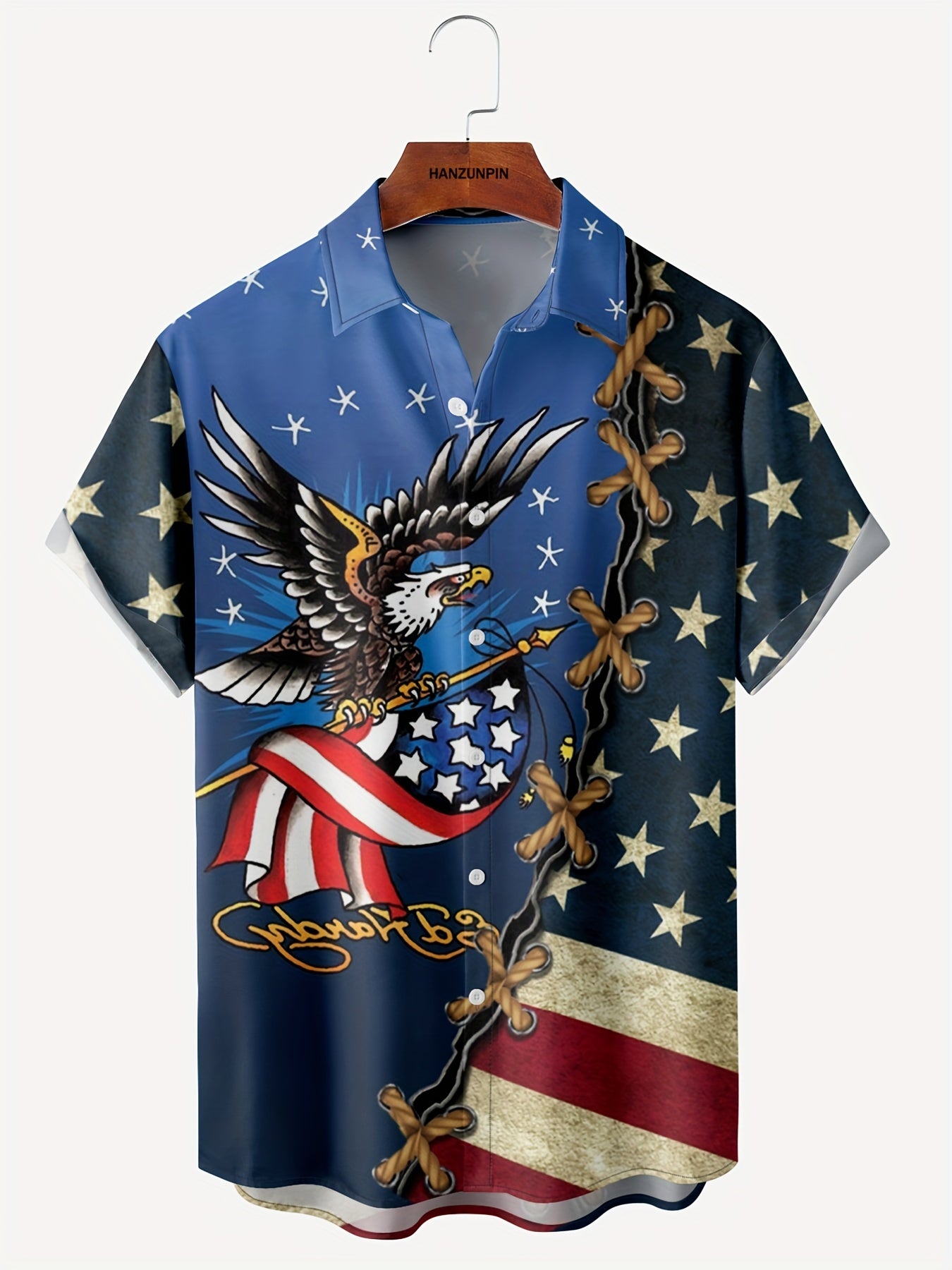 American Flag & Eagle Print Button Up Shirt