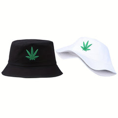 Leaf Embroidery Bucket Hat Cotton Solid Basin Hat