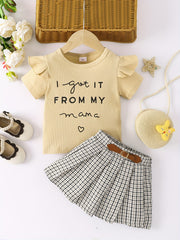 Girls T Shirt & Plaid Skirt Set Ruffles Short Sleeves I GOT IT FROM MY MAMA