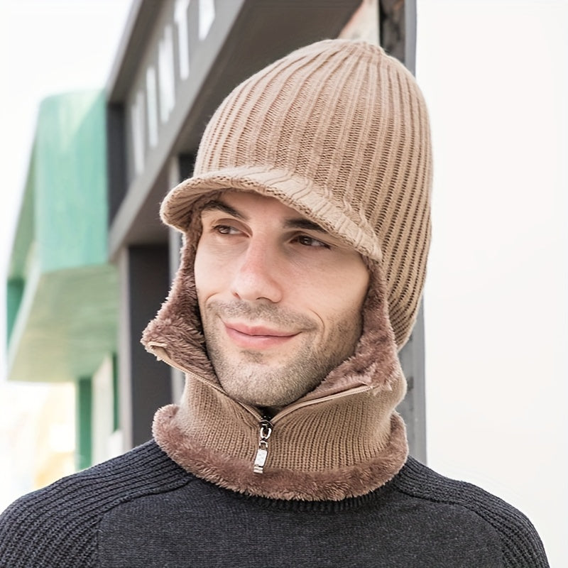 Winter Knitted Hat with Zipper Mask Velvet Thick Hat Scarf