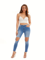Women's Plus Washed Button Fly Cut Out High Stretch Skinny Jeans