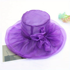 Organza Sun Hat Wide Brim Lace Derby Hat With Detachable Flower