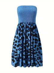Leopard Print Shirred Tube Dress Casual Backless Dress For Spring & Summer