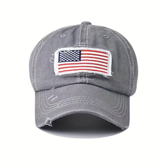 Ponytail Flag Patch Baseball Cap Gray Washed Distressed Lightweight Sun Hat