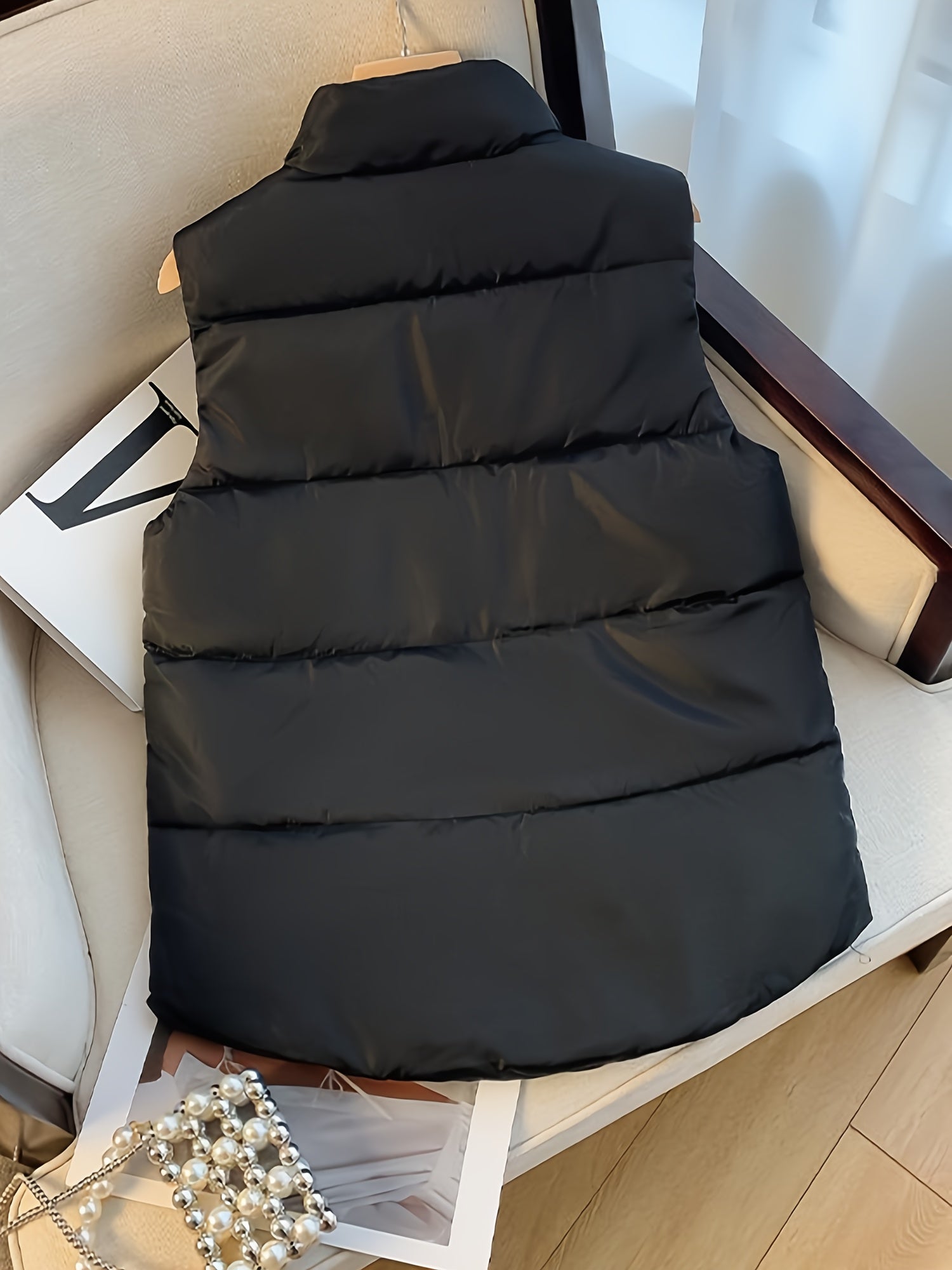 Button Front Puffy Jacket Sleeveless Fall Winter Women's Clothing