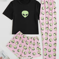 Alien Print Pajama Set Short Sleeve T shirt & Shorts & Pants