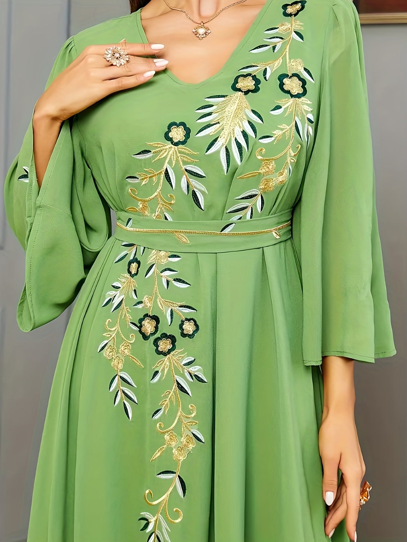 Floral Embroidery V Neck Maxi Jalabiya Dress