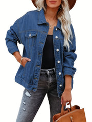 Women's Plus Denim Trucker Jacket Long Sleeve Button Up