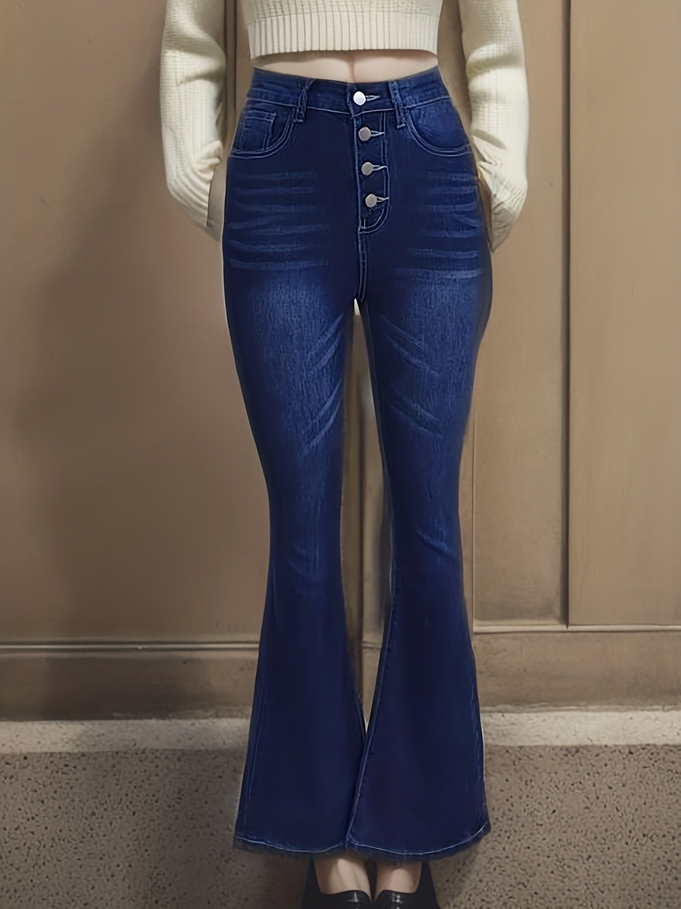 High Waist Flare Leg Jeans Button Front Bell Bottoms