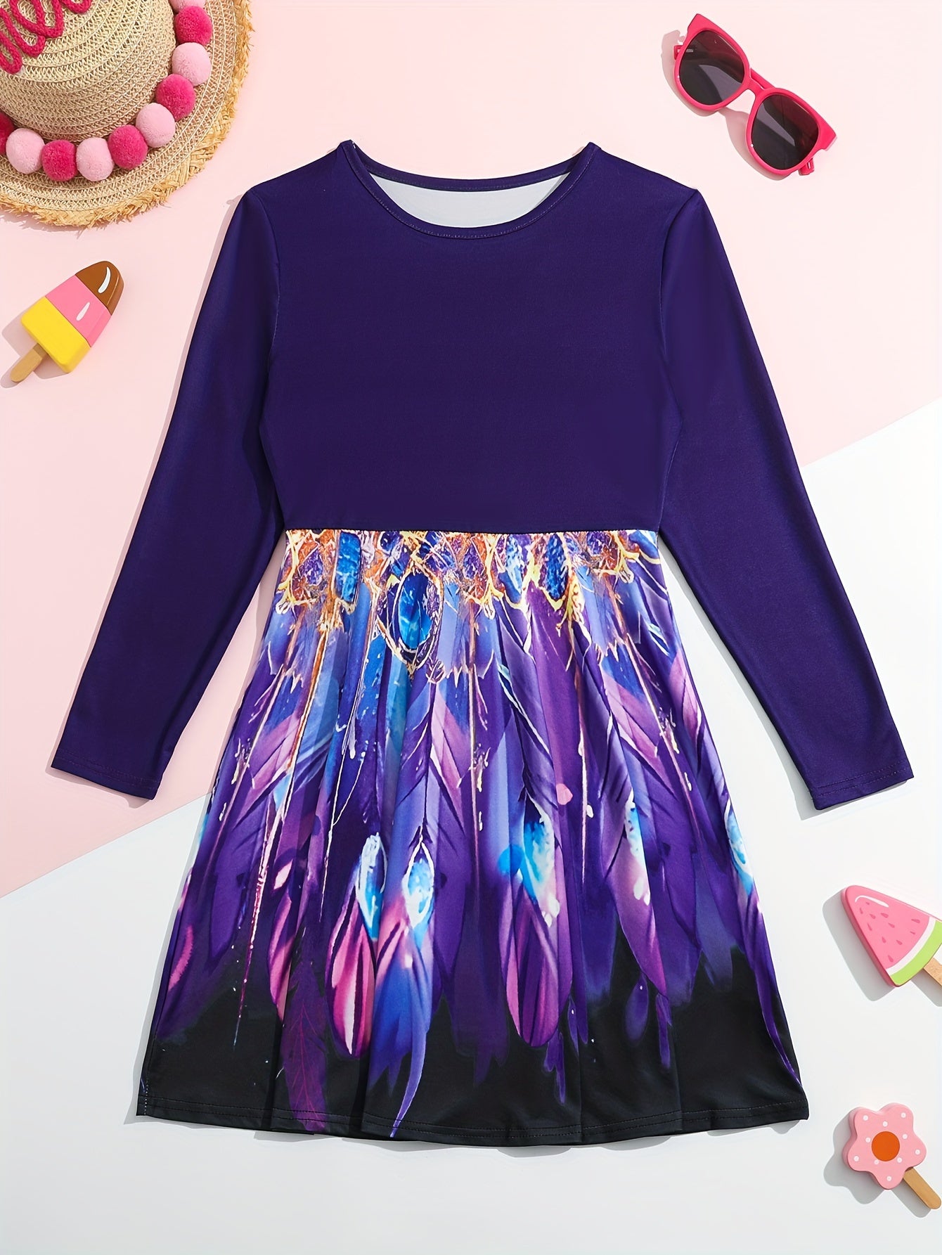Peacock Tail Print Long Sleeve Crew Neck Dress For Girls