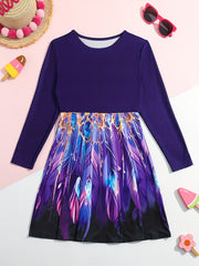 Peacock Tail Print Long Sleeve Crew Neck Dress For Girls