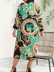 Paisley Print Long Sleeve Button Up Shirt Dress With Belt