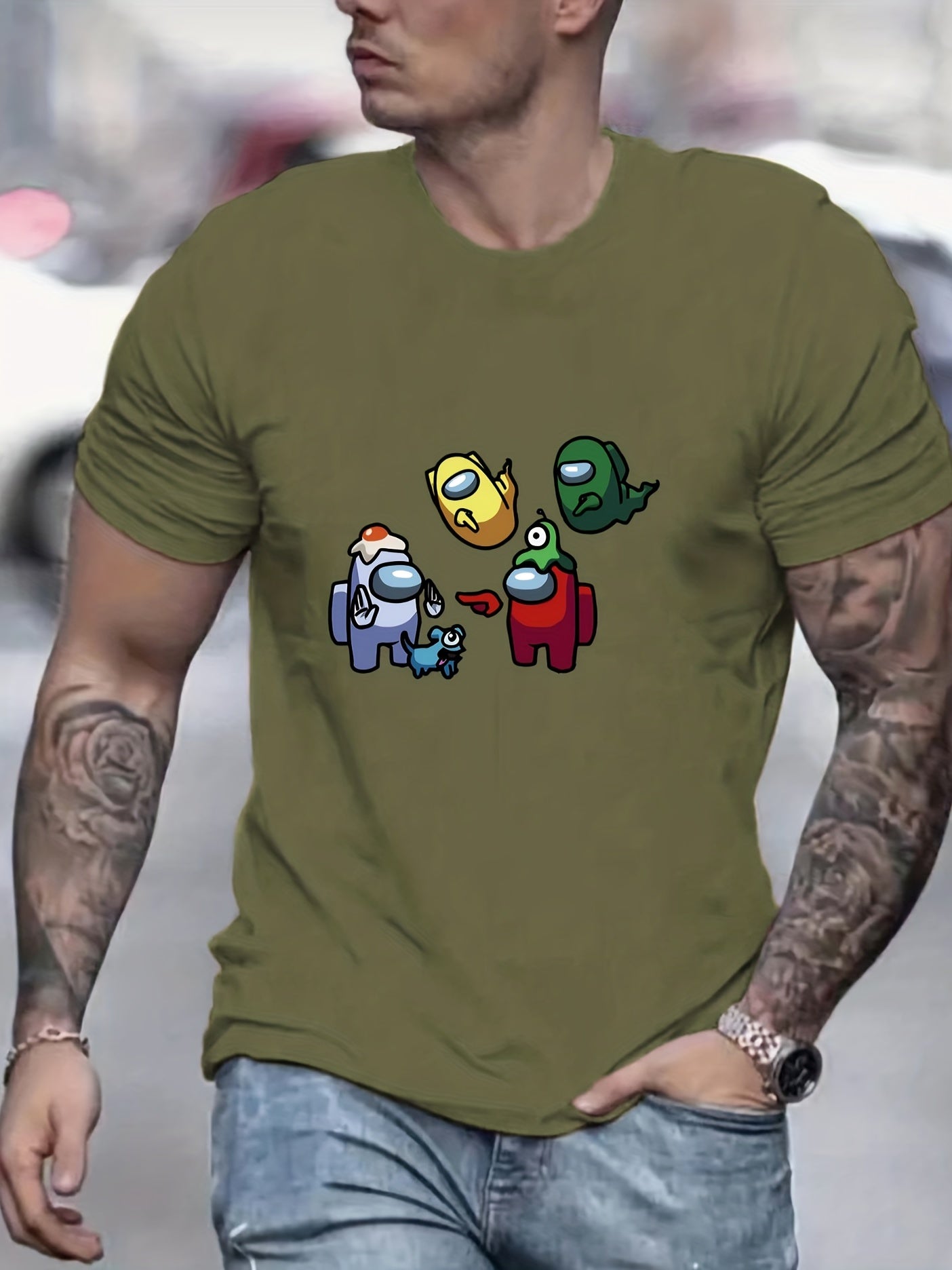 Cartoon Monster Print Men's Graphic Crew Neck Active T shirt Casual Comfy Tees