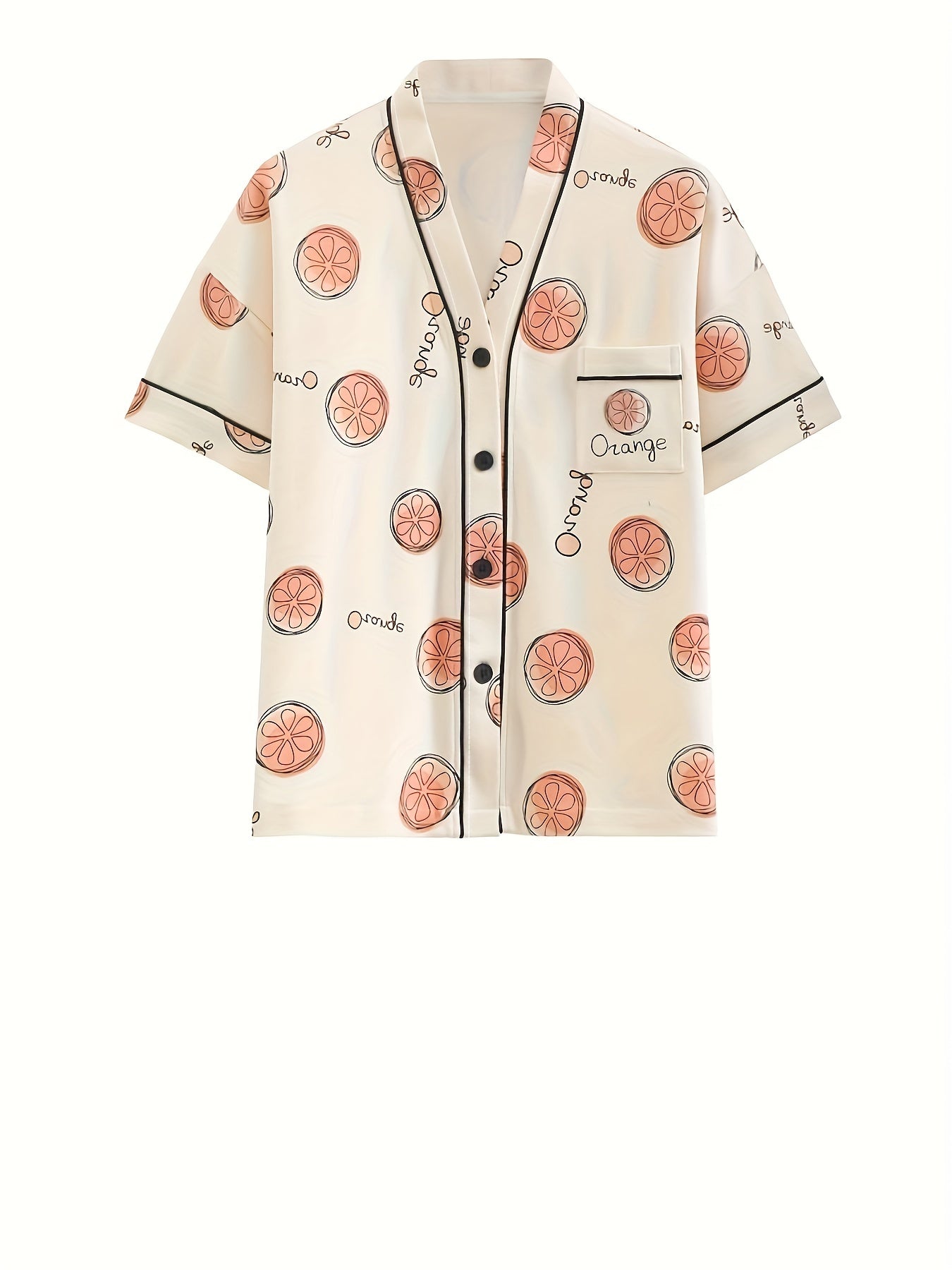 Fruit Print Button Lounge Set Short Sleeve Top & Loose Shorts